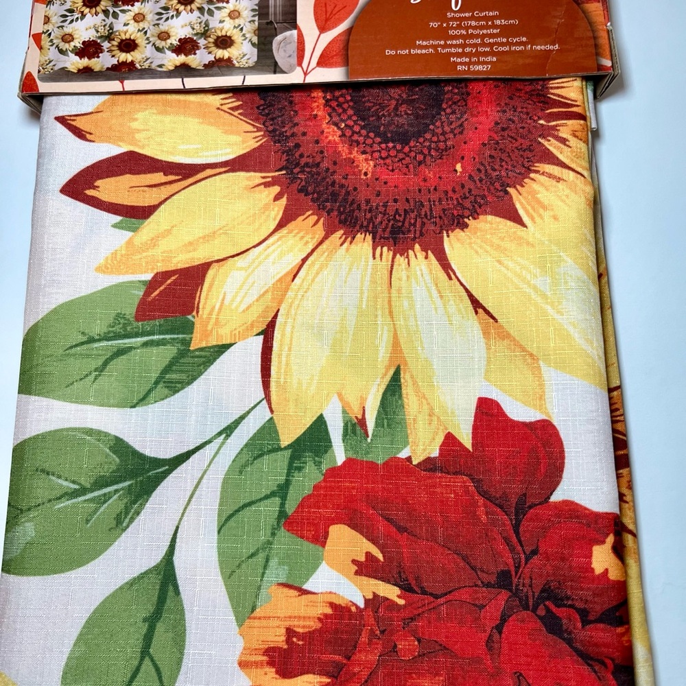 Harvest Sunflowers Fabric Shower Curtain Yellow Rust Orange Bold Colors - Picture 8 of 11